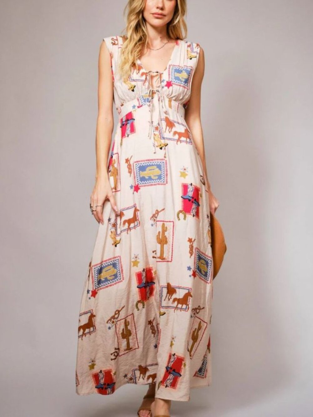 Blue B || Western Motif Tie-Front Maxi Dress